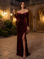 Velvet Mermaid Off Shoulder Maxi Dresses Formal Dresses with Side Slit
