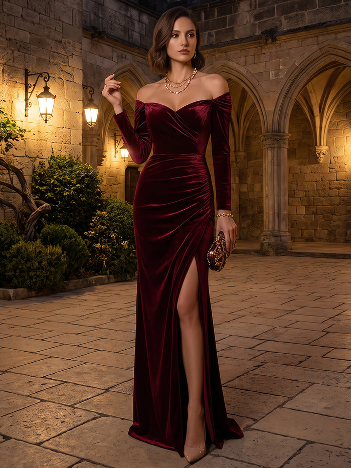 Velvet Mermaid Off Shoulder Maxi Dresses Formal Dresses with Side Slit
