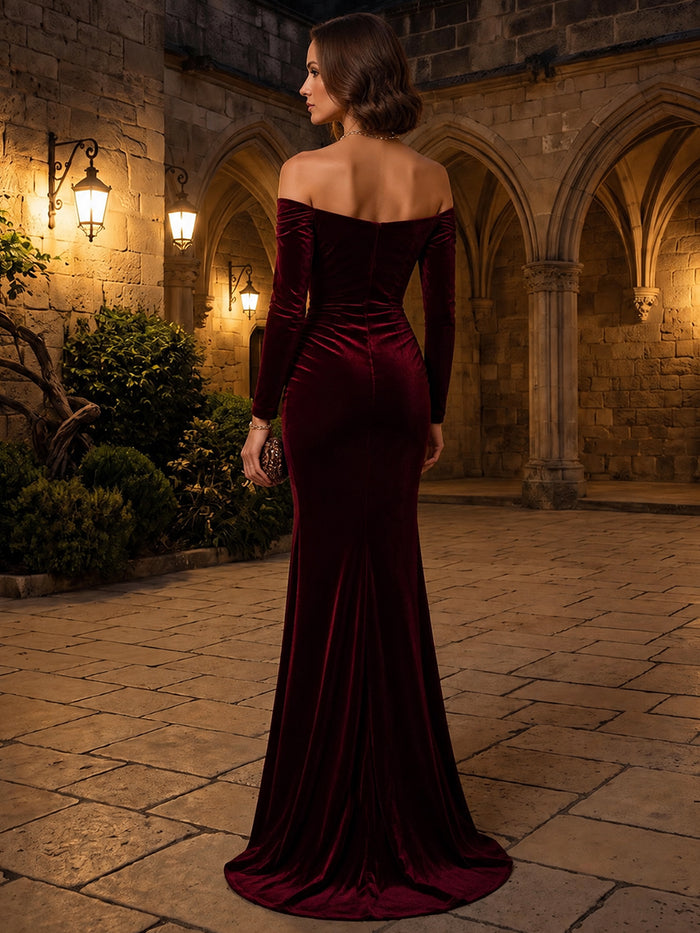 Velvet Mermaid Off Shoulder Maxi Dresses Formal Dresses with Side Slit