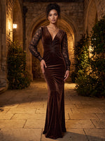 Velvet Mermaid V Neck Maxi Dresses Formal Dresses with Center Front Sunburst Pleated Detail