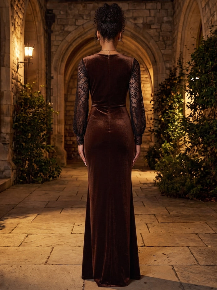Velvet Mermaid V Neck Maxi Dresses Formal Dresses with Center Front Sunburst Pleated Detail