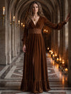 Velvet A-Line V Neck Maxi Dresses Formal Dresses with Lace Applique