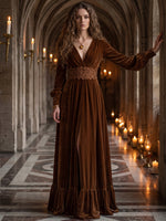 Velvet A-Line V Neck Maxi Dresses Formal Dresses with Lace Applique