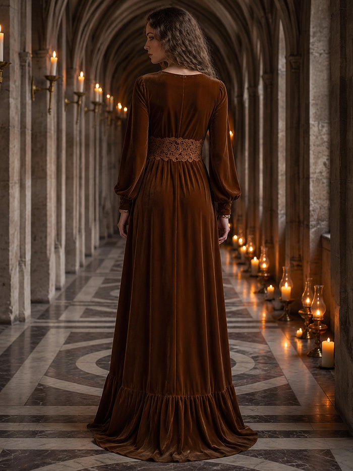 Velvet A-Line V Neck Maxi Dresses Formal Dresses with Lace Applique