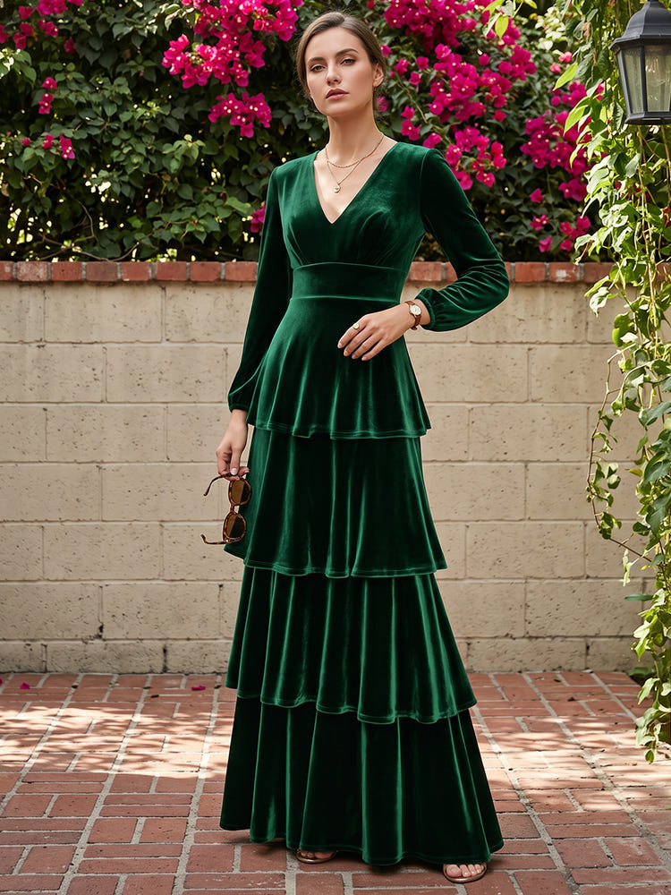 Velvet A-Line V Neck Maxi Dresses Formal Dresses with Ruffles