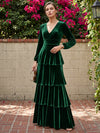 Velvet A-Line V Neck Maxi Dresses Formal Dresses with Ruffles