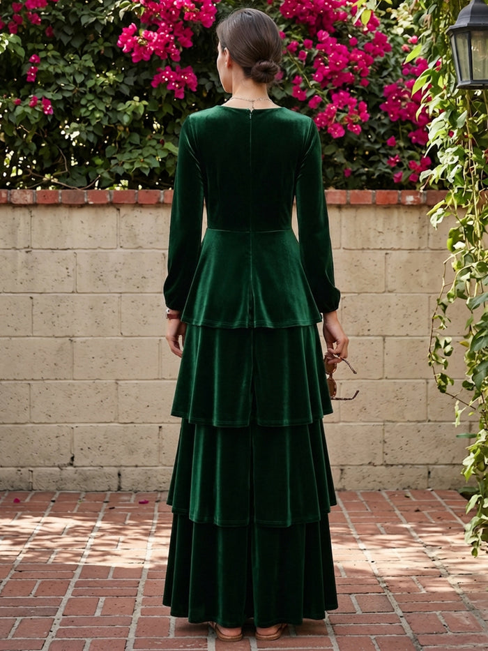 Velvet A-Line V Neck Maxi Dresses Formal Dresses with Ruffles