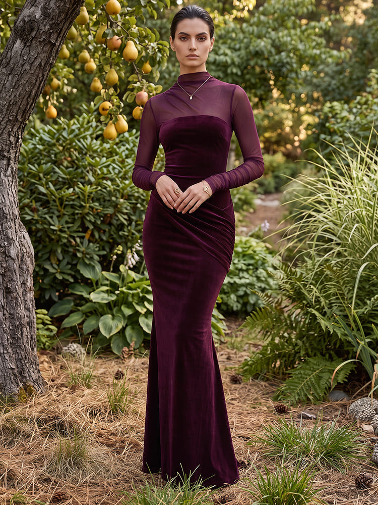 Velvet Mermaid High Neck Maxi Dresses Formal Dresses with Ruched