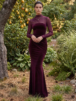 Velvet Mermaid High Neck Maxi Dresses Formal Dresses with Ruched