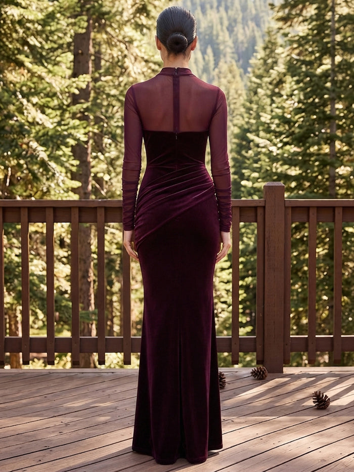 Velvet Mermaid High Neck Maxi Dresses Formal Dresses with Ruched