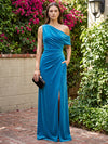 Velvet A-Line One Shoulder Maxi Dresses Formal Dresses with Side Slit