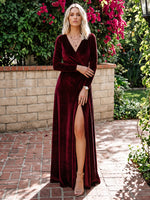 Velvet A-Line V Neck Maxi Dresses Formal Dresses with Side Slit
