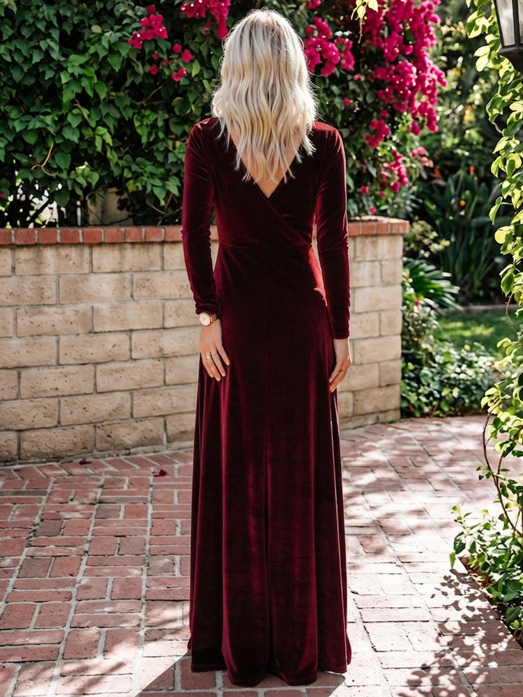 Velvet A-Line V Neck Maxi Dresses Formal Dresses with Side Slit