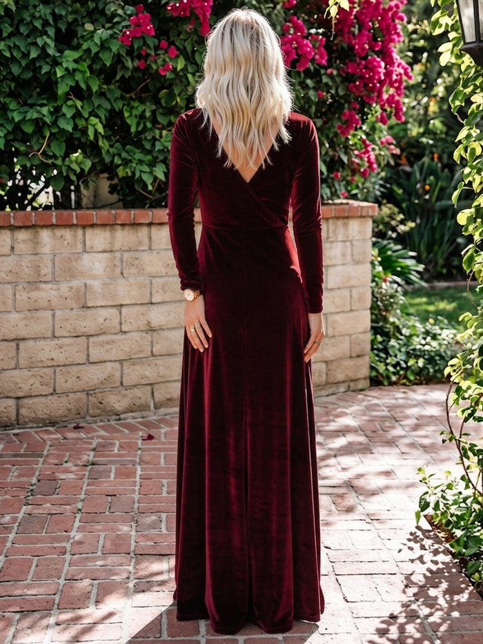 Velvet A-Line V Neck Maxi Dresses Formal Dresses with Side Slit