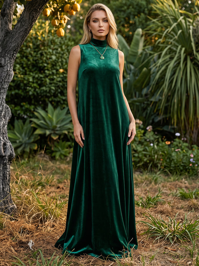 Velvet A-Line High Neck Maxi Dresses Formal Dresses with Full Soft Inner Lining