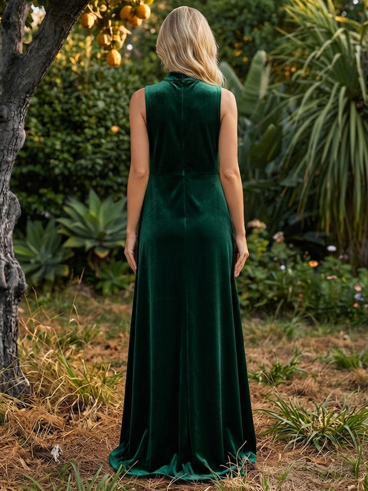 Velvet A-Line High Neck Maxi Dresses Formal Dresses with Full Soft Inner Lining