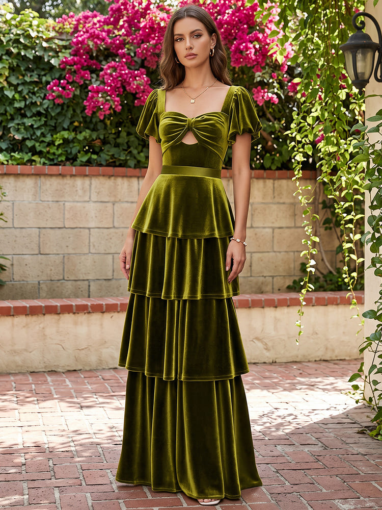 Velvet A-Line Square Neck Maxi Dresses Formal Dresses with Front Bow Knot
