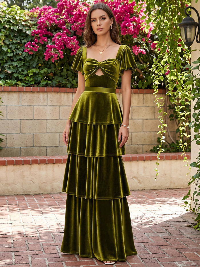 Velvet A-Line Square Neck Maxi Dresses Formal Dresses with Front Bow Knot