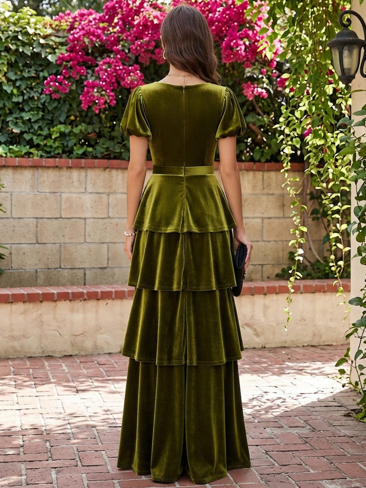 Velvet A-Line Square Neck Maxi Dresses Formal Dresses with Front Bow Knot