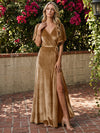 Velvet A-Line V Neck Maxi Dresses Formal Dresses with Side Slit