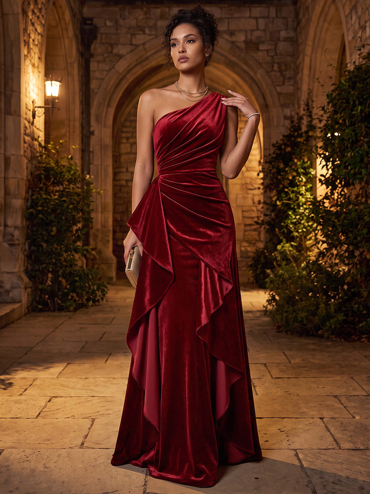 Velvet A-Line One Shoulder Maxi Dresses Formal Dresses with Side Waist Ruched Shaping Detail