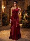 Velvet A-Line One Shoulder Maxi Dresses Formal Dresses with Side Waist Ruched Shaping Detail
