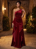 Velvet A-Line One Shoulder Maxi Dresses Formal Dresses with Side Waist Ruched Shaping Detail