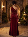 Velvet A-Line One Shoulder Maxi Dresses Formal Dresses with Side Waist Ruched Shaping Detail
