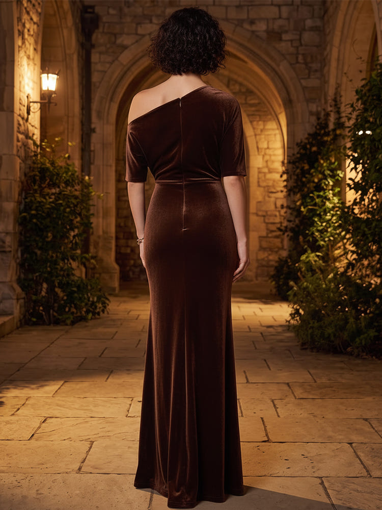 Velvet Mermaid One Shoulder Maxi Dresses Formal Dresses with Ruched