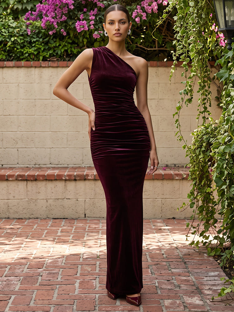 Velvet Bodycon One Shoulder Maxi Dresses Formal Dresses with Ruched