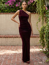 Velvet Bodycon One Shoulder Maxi Dresses Formal Dresses with Ruched