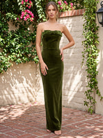 Velvet Mermaid Strapless Maxi Dresses Formal Dresses with Bow