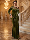 Velvet Mermaid Crew Neck Maxi Dresses Formal Dresses with Side Waist Ruched Shaping Detail