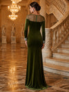 Velvet Mermaid Crew Neck Maxi Dresses Formal Dresses with Side Waist Ruched Shaping Detail