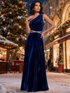 Velvet A-Line One Shoulder Maxi Dresses Formal Dresses with Ruched