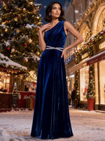 Velvet A-Line One Shoulder Maxi Dresses Formal Dresses with Ruched