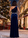 Velvet A-Line One Shoulder Maxi Dresses Formal Dresses with Ruched