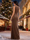 Velvet Mermaid Crew Neck Maxi Dresses Formal Dresses with 3D Flowers