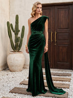 Velvet Mermaid One Shoulder Maxi Dresses Formal Dresses with Side Waist Ruched Shaping Detail