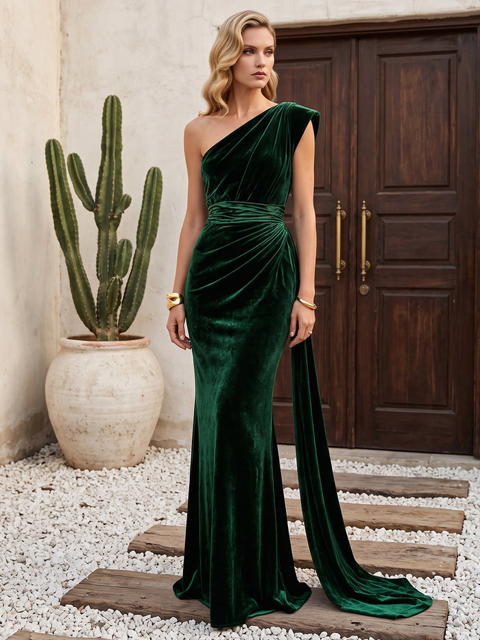 Velvet Mermaid One Shoulder Maxi Dresses Formal Dresses with Side Waist Ruched Shaping Detail