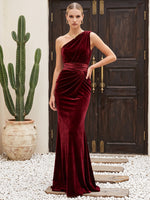 Velvet Mermaid One Shoulder Maxi Dresses Formal Dresses with Side Waist Ruched Shaping Detail