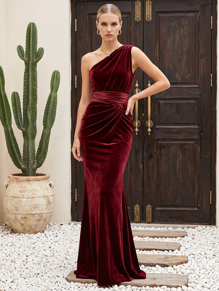 Velvet Mermaid One Shoulder Maxi Dresses Formal Dresses with Side Waist Ruched Shaping Detail
