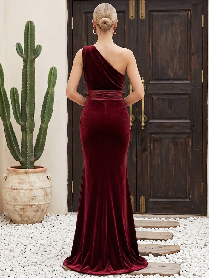 Velvet Mermaid One Shoulder Maxi Dresses Formal Dresses with Side Waist Ruched Shaping Detail