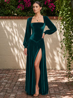 Velvet A-Line Square Neck Maxi Dresses Formal Dresses with Side Slit