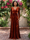 Velvet A-Line V Neck Maxi Dresses Formal Dresses with Front Twist‑Knot