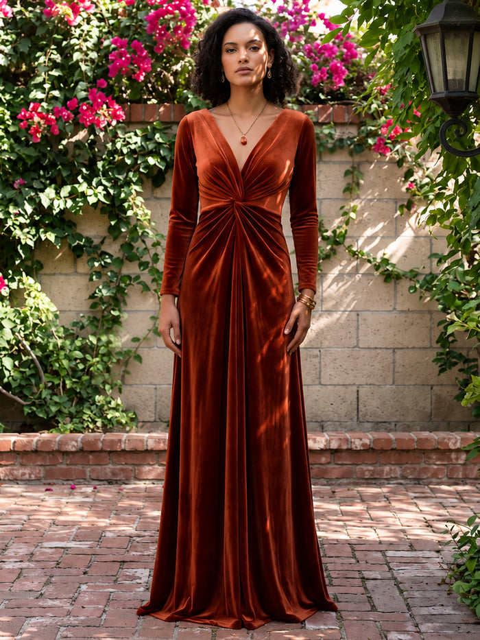 Velvet A-Line V Neck Maxi Dresses Formal Dresses with Front Twist‑Knot