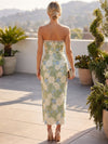 Mesh Sheath Strapless Midi Formal Dresses with 3D Flower Appliques
