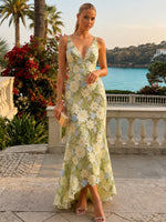 Mesh Mermaid V Neck Maxi Formal Dresses with 3D Flower Appliques