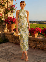 Mesh Sheath High Neck Midi Formal Dresses with 3D Flower Appliques