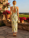Mesh Sheath High Neck Midi Formal Dresses with 3D Flower Appliques